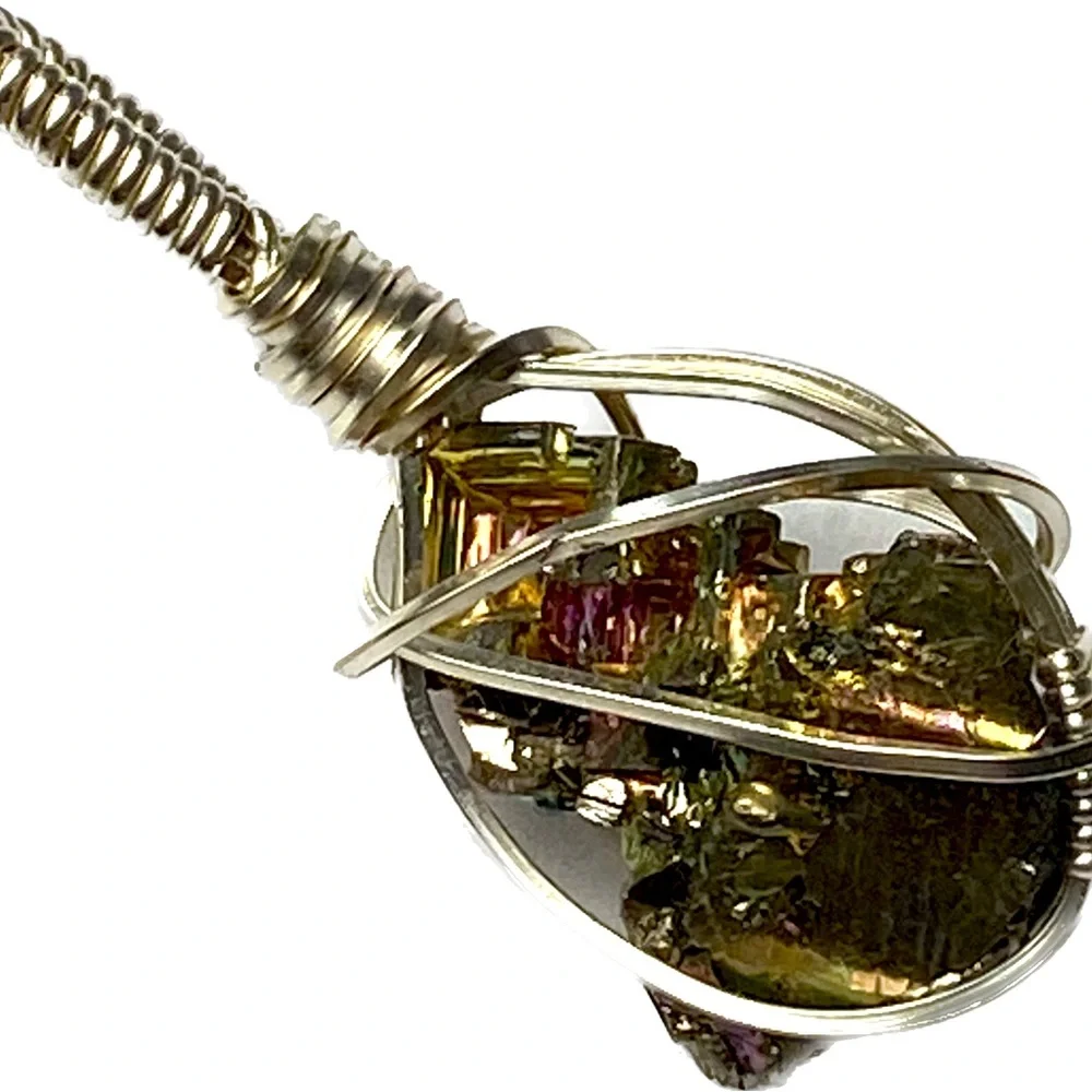 Artist Silver Wire cage wrapped pendant rainbow iridescent geometric bismuth